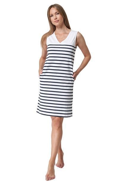 Women's sleeveless blue and white striped dress